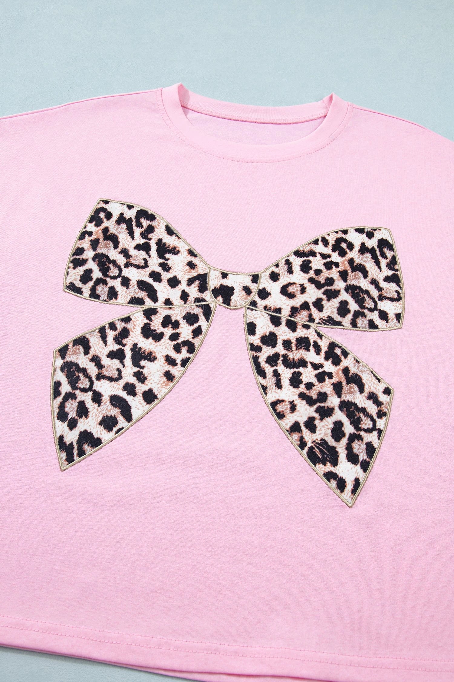 white leopard bow embroidered cotton round neck t shirt for women casual everyday outfit