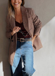 brown houndstooth lapel collar blazer for women casual everyday outfit