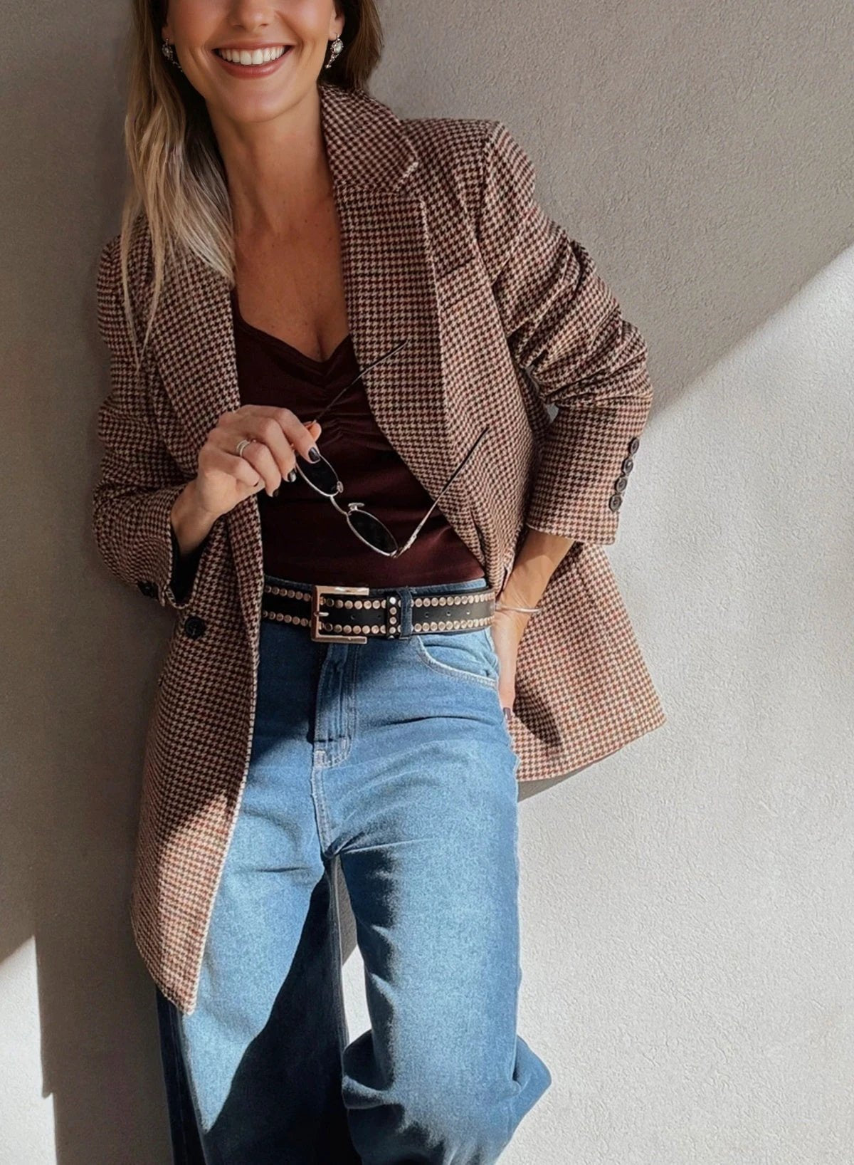 brown houndstooth lapel collar blazer for women casual everyday outfit