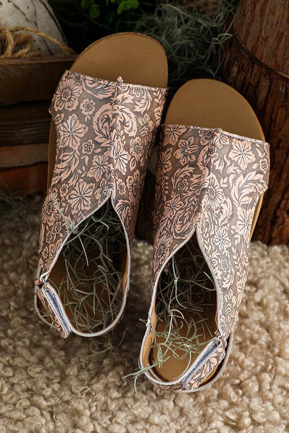 Boho Western Charm vintage floral leather rivet platform sandals with hollowed cork wedge and adjustable ankle strap