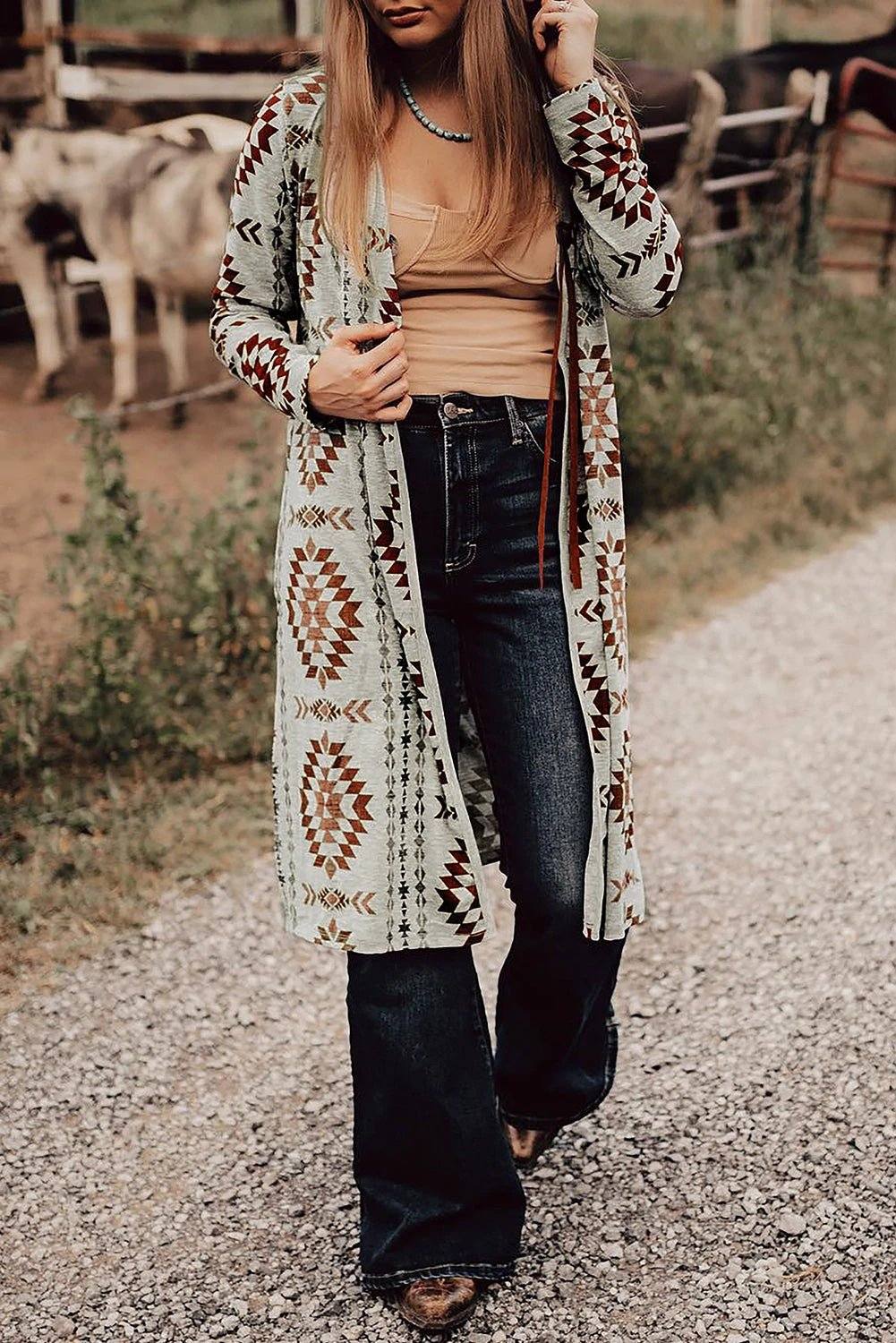 Western Vibes | Boho Western Vibe Aztec Print Long Cardigan for Women