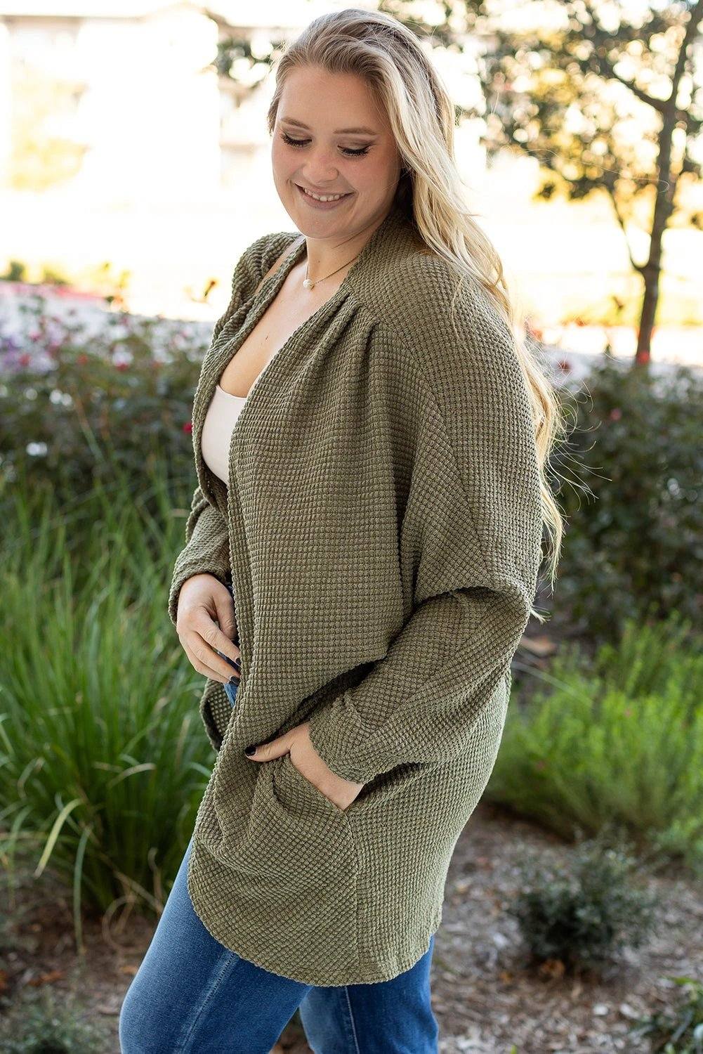 Plus size seagrass waffle knit cardigan with drop shoulder and front pockets