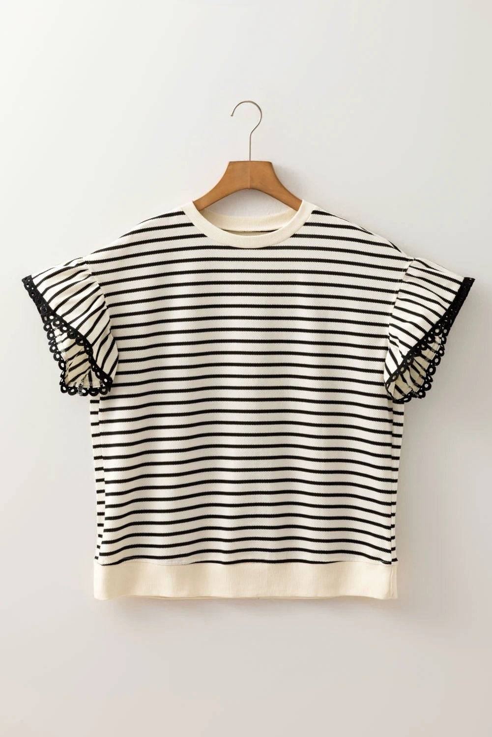 Dear-Lover Dropshipping Black Stripe Eyelet Trimmed Ruffled Short Sleeve Plus Size Top - Plus Size/Plus Size Tops/Plus Size Tops & Tees