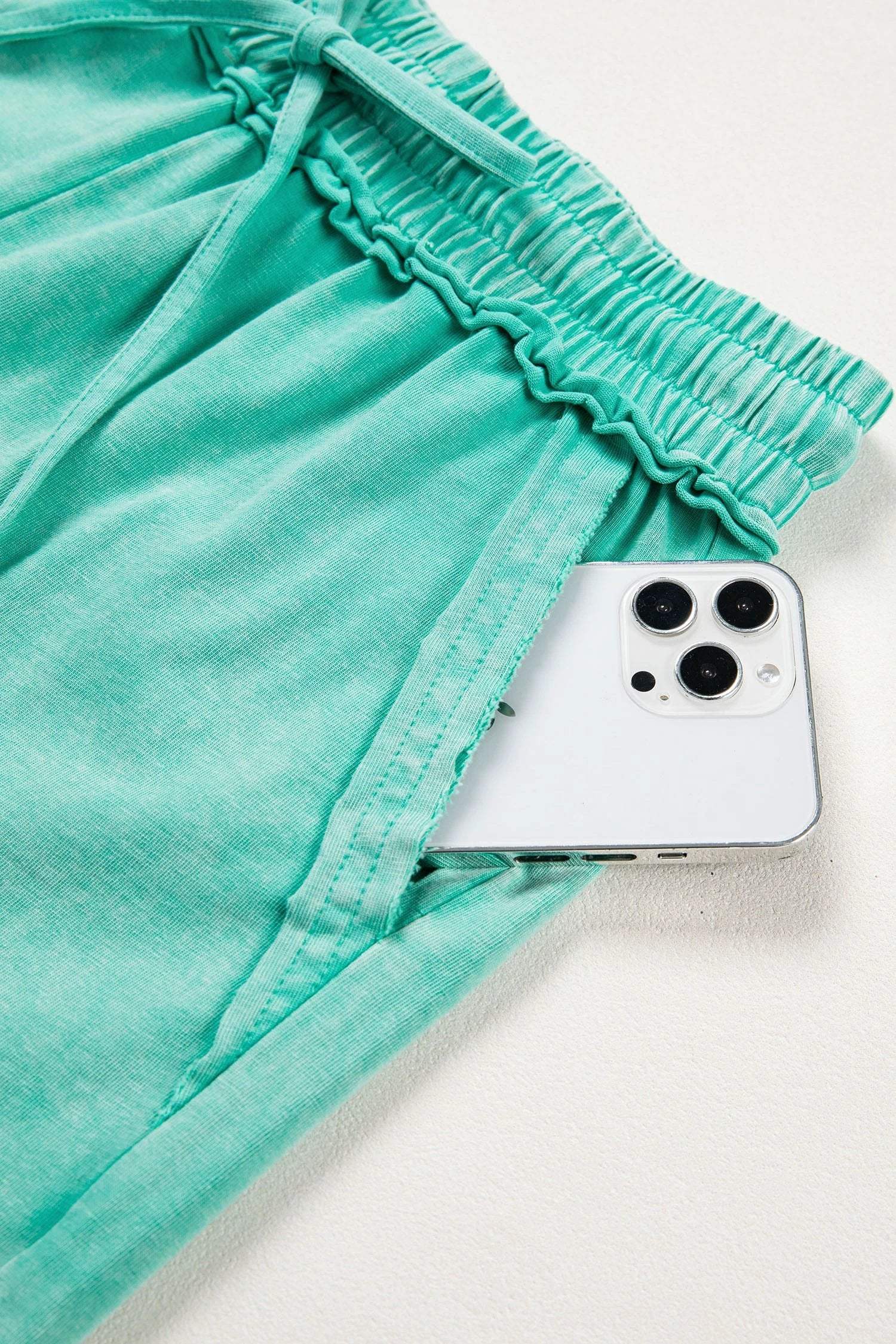 sea green mineral washed drawstring elastic waist raw cut shorts for women casual everyday outfit
