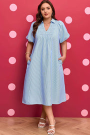 Plus size sky blue stripe midi dress with shirred collar and V-neck
