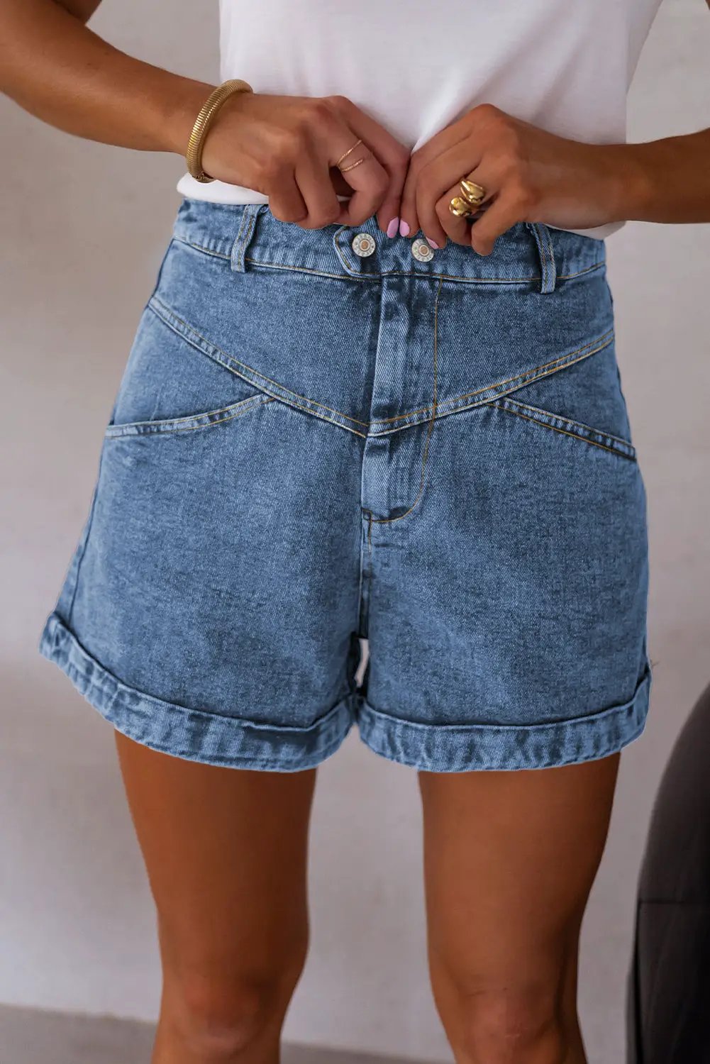 Mom Chic | Ivy Seam Detail Pocketed Cuffed Hem Mid Rise Denim Shorts