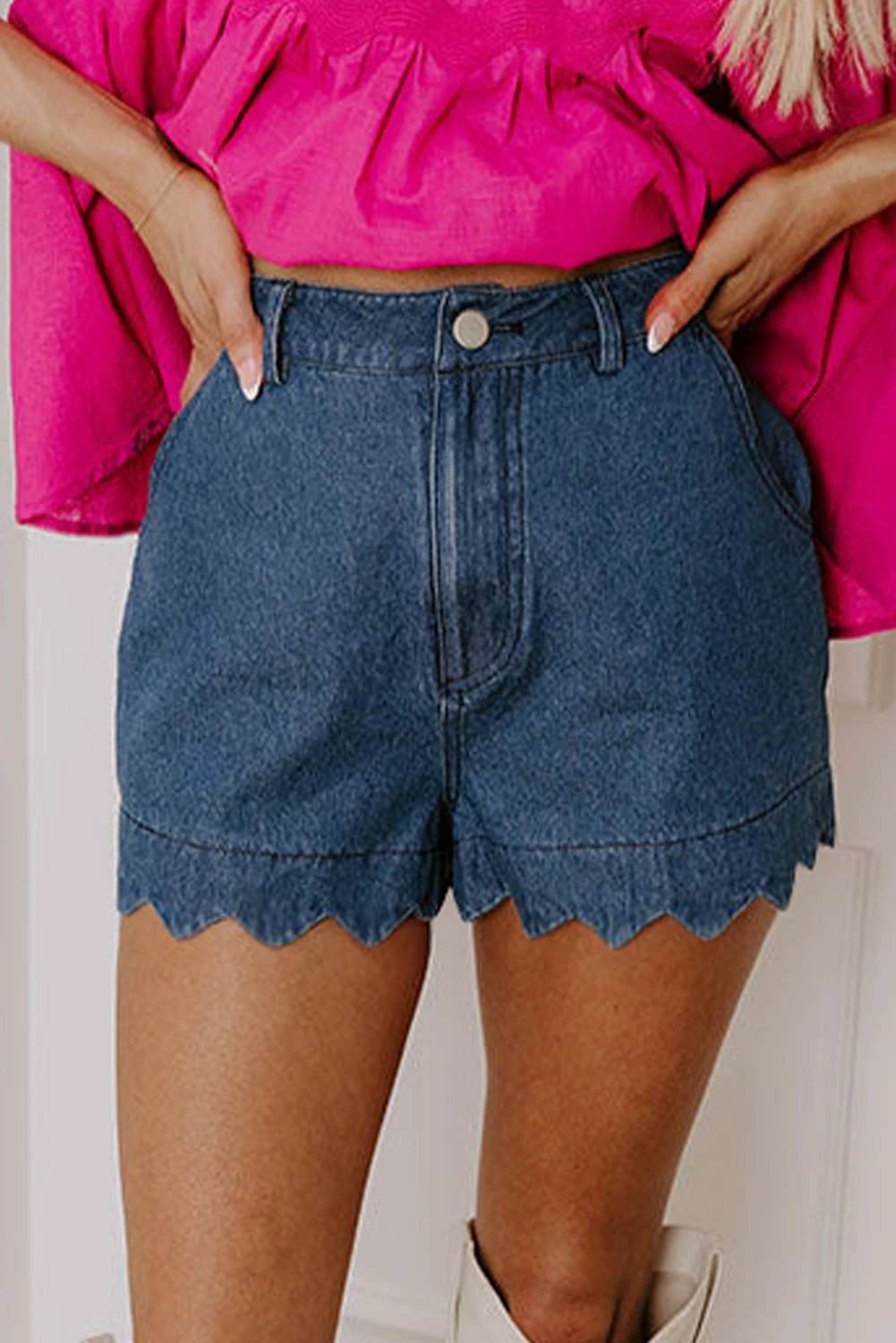 white scalloped hemline acid wash high waist denim shorts for women casual everyday outfit