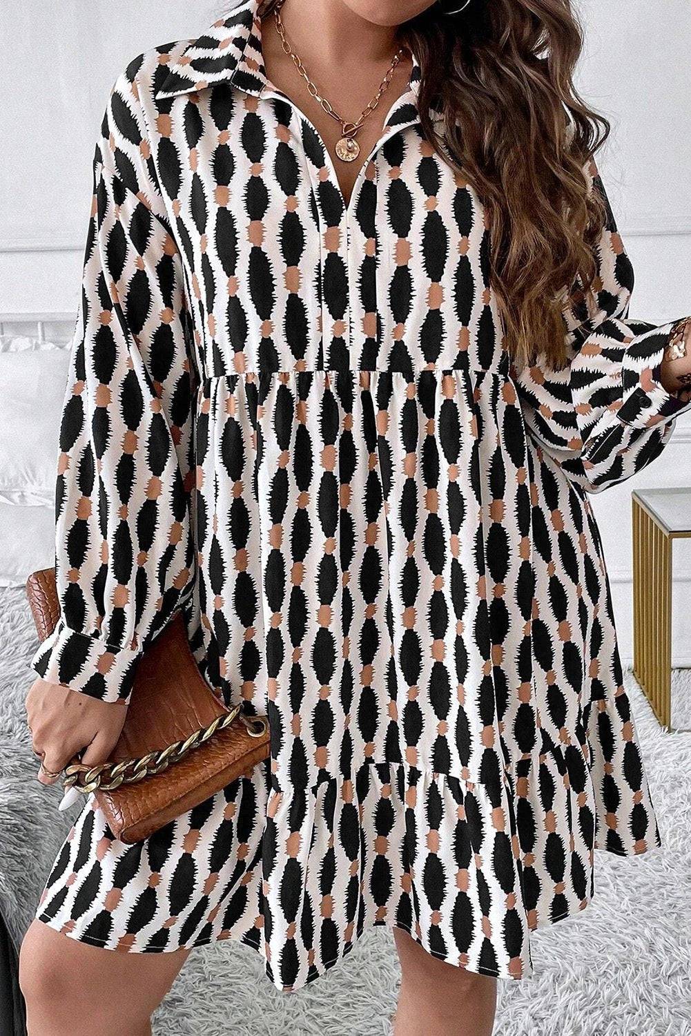 Plus size geometric print collared V-neck mini dress embodying main character energy