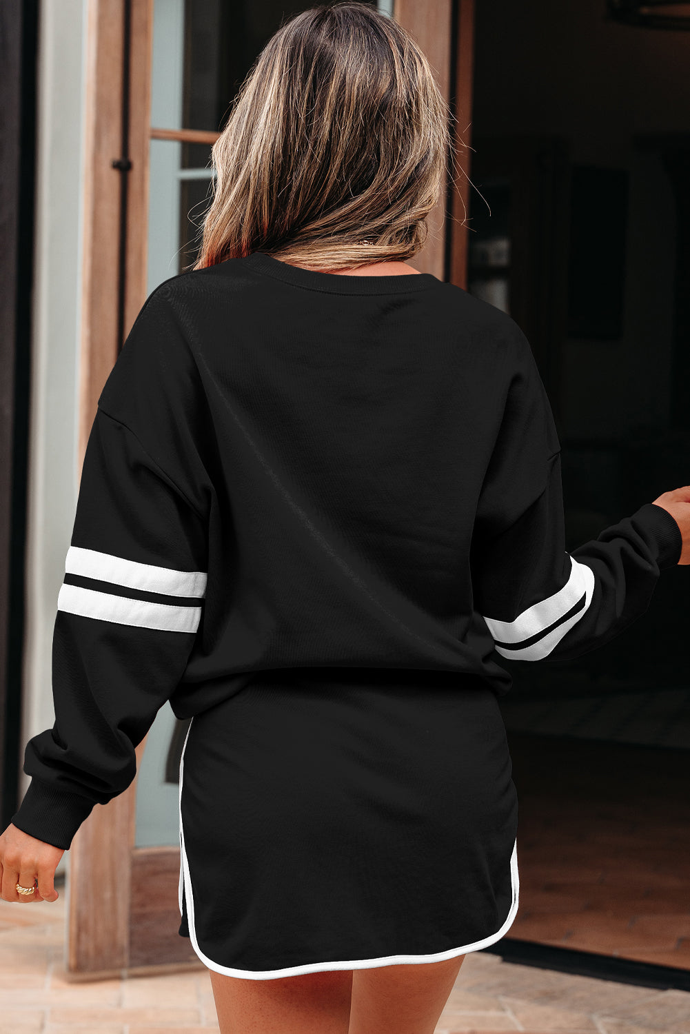 Navy Blue Varsity Stripe Detail Drop Shoulder Pullover Mini Skort Set