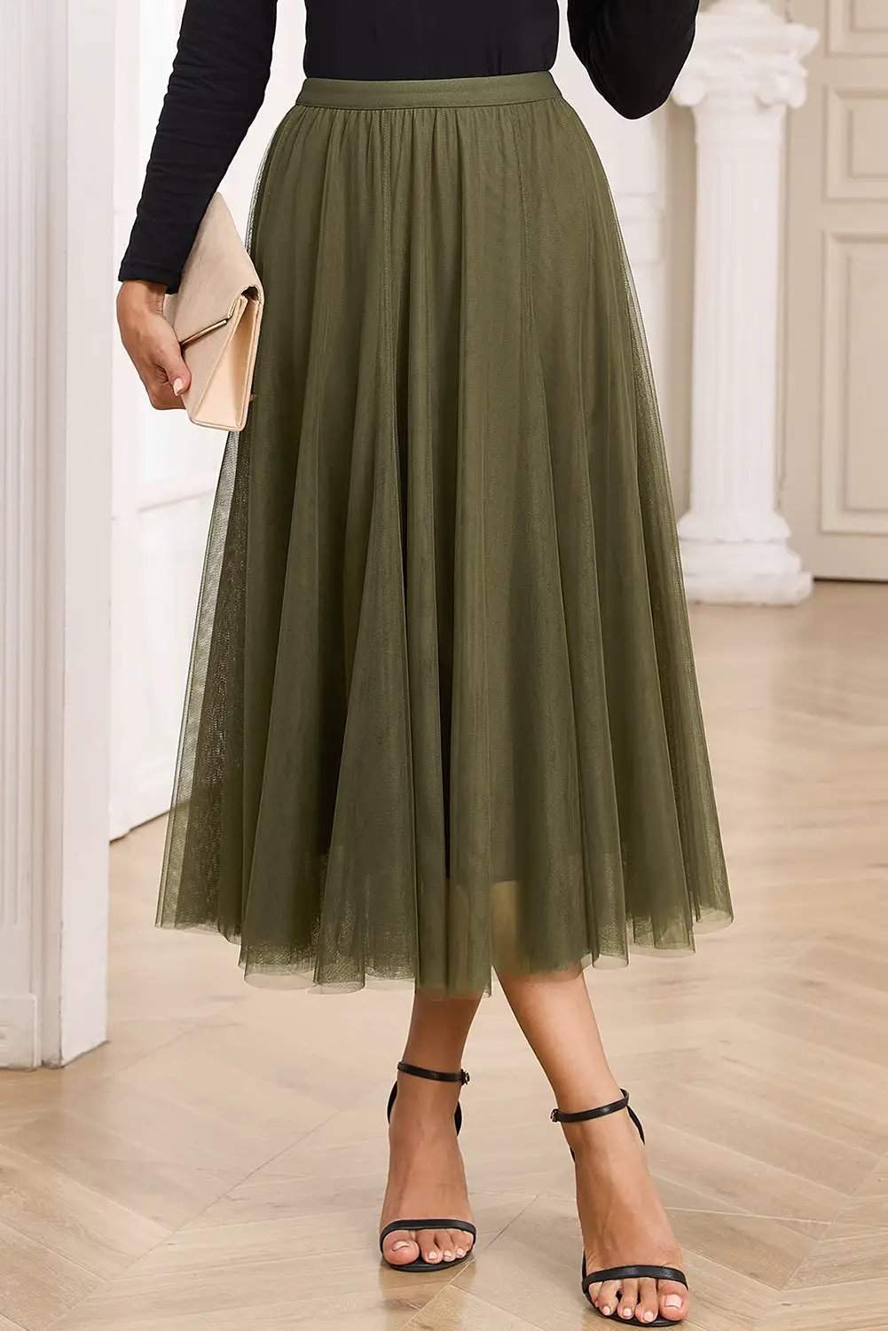 Dear-Lover Dropshipping Apricot Tulle Mesh Overlay Flared Midi Skirt - Skirts Bottoms/Skirts & Petticoat