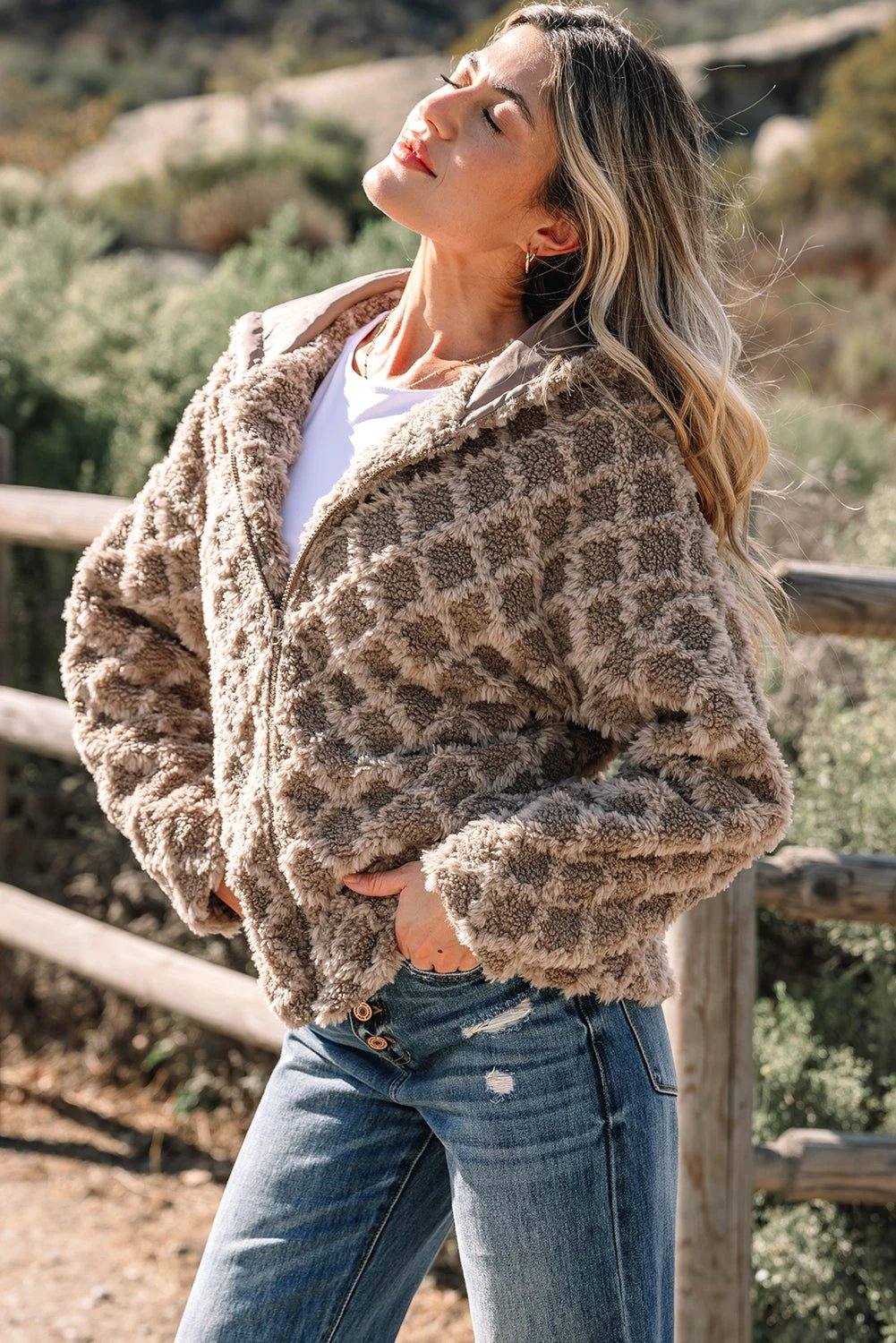 Cozy Confidence sherpa rhombus zip-up hooded bomber jacket with side pockets