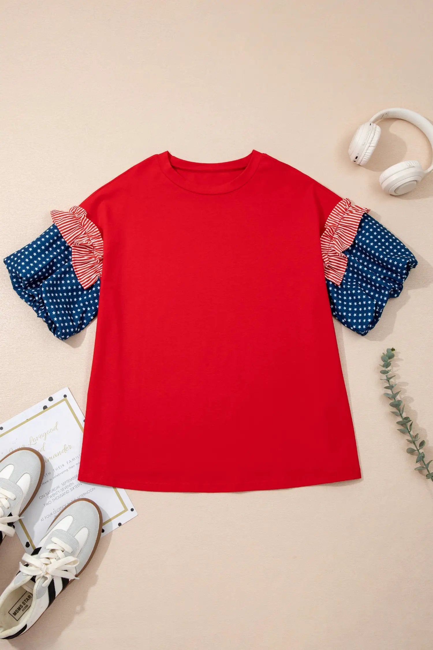 Fiery red plus size top with patchwork star and striped ruffle bubble sleeves