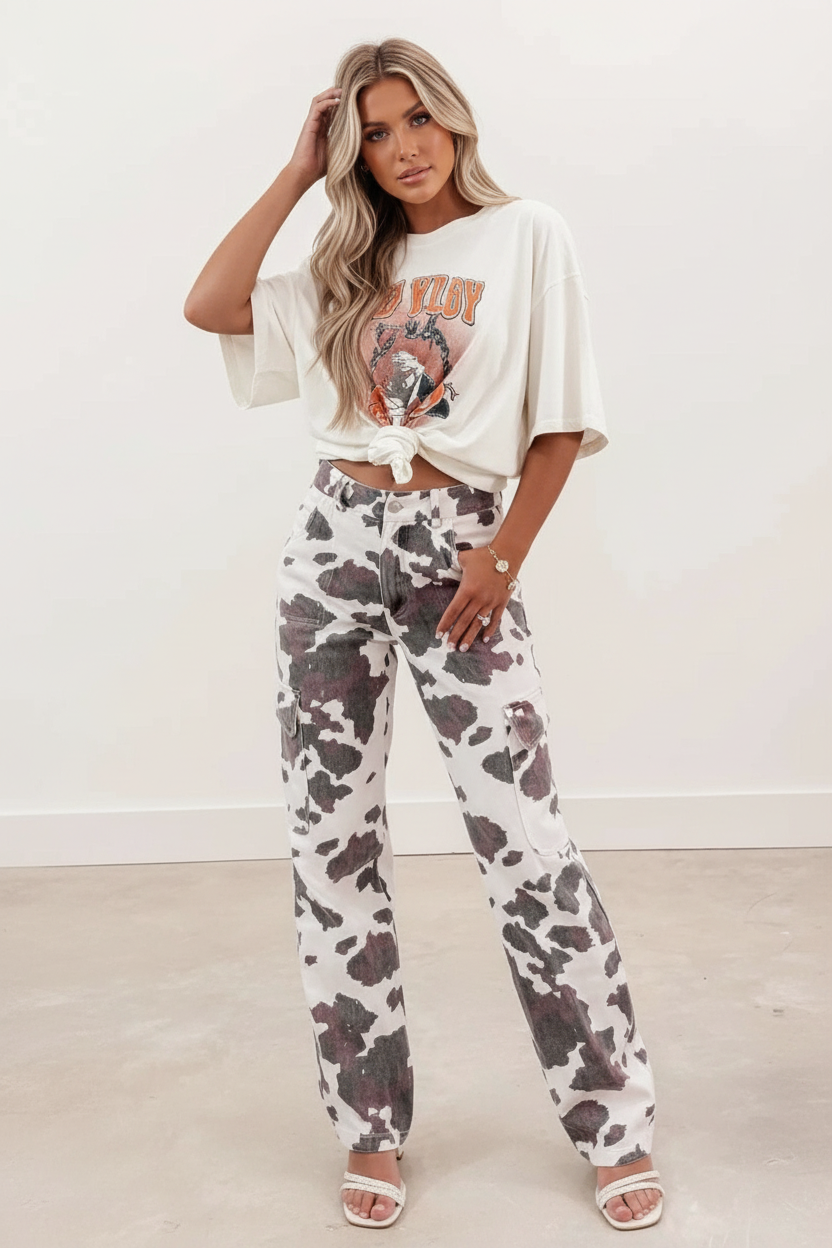 Cow Print Multi Pocketed Straight Leg Jeans