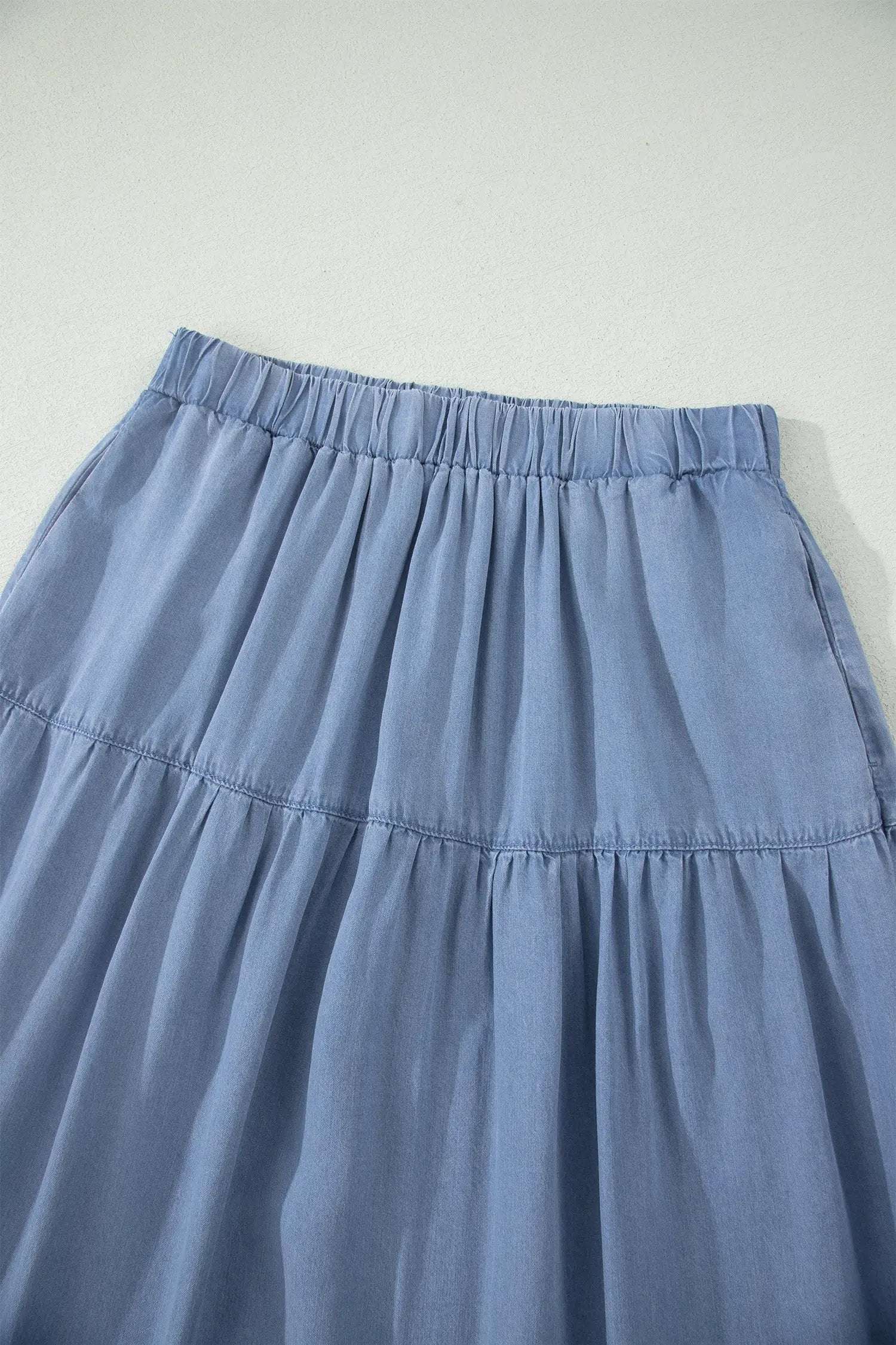 Dear-Lover Dropshipping Western Boho Glow | Denim Maxi Skirt With Elastic Waist, Tiered Ruffles And Flared Hem - Skirts Bottoms/Skirts & Petticoat