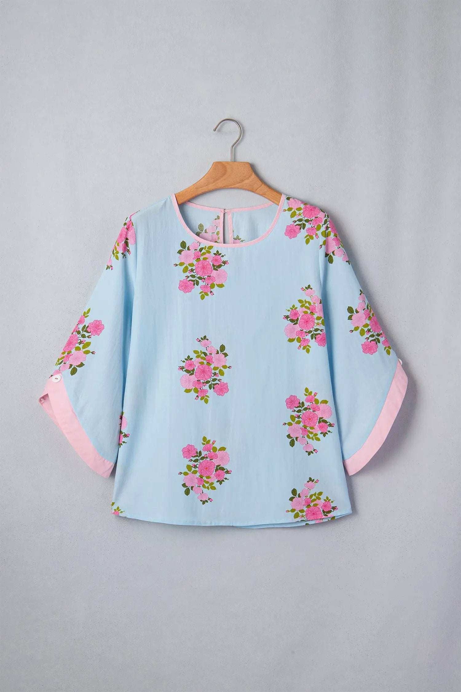J&H Apparel Floral Print Button Cuffed 3/4 Sleeve Round Neck Blouse - Blouses Tops/Blouses & Shirts