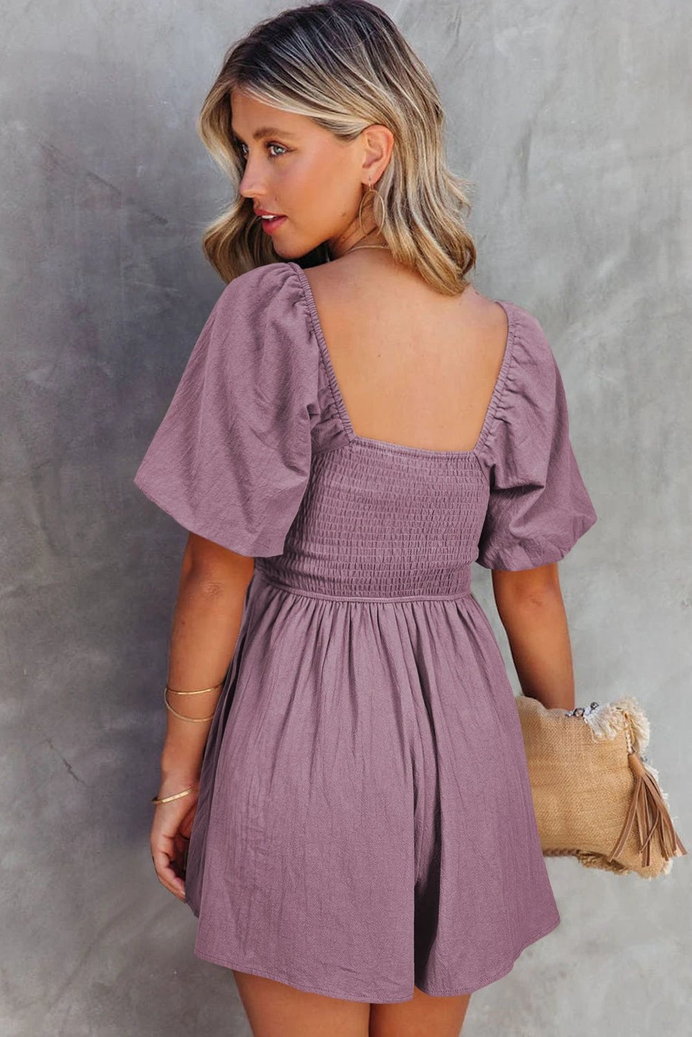 valerian square neck ruched puff sleeve romper for women casual everyday outfit