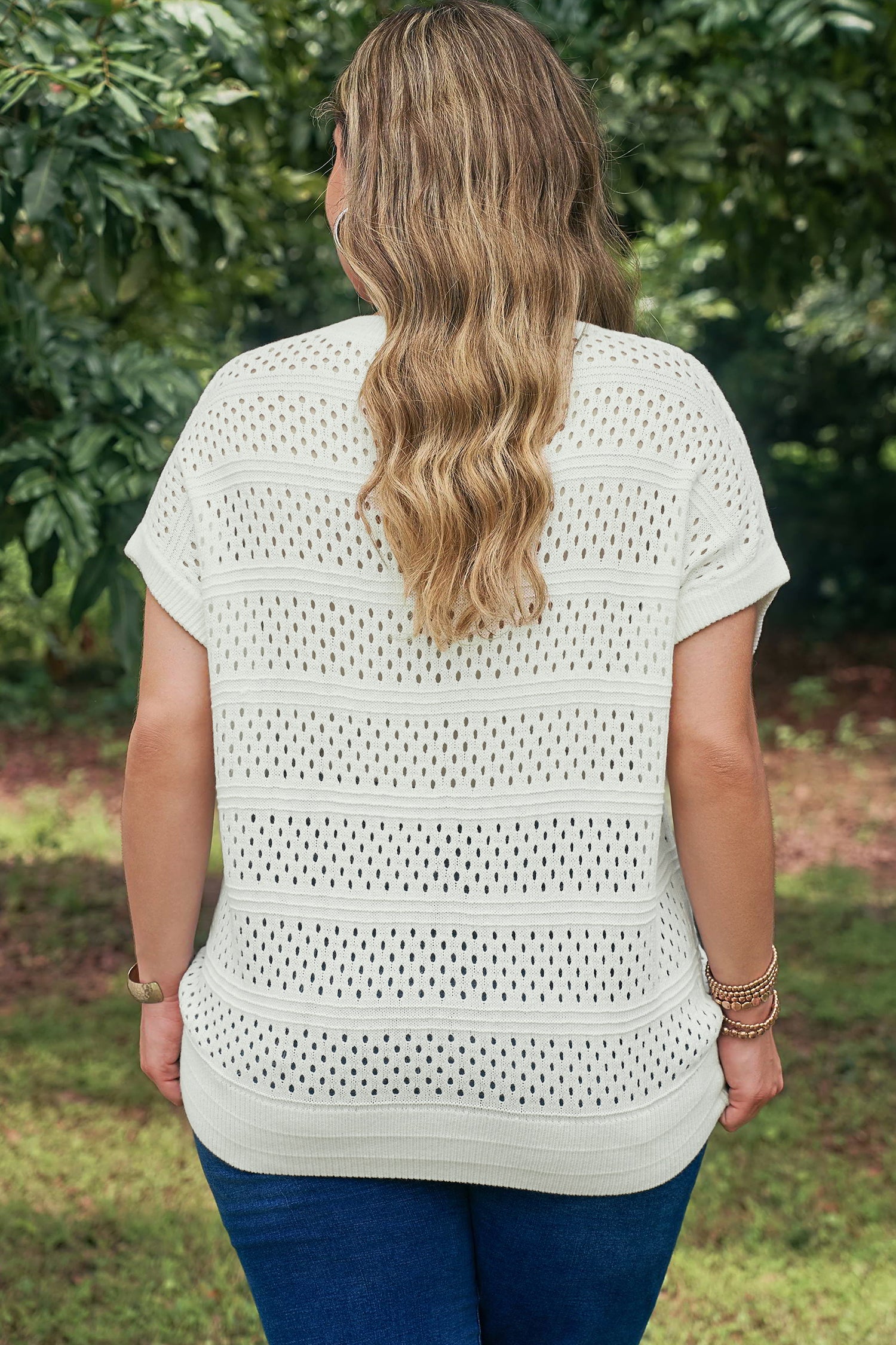 Plus Size Eyelet Hollow Out Knit Ribbed Trim Short Sleeve Dolman Sweater — women's everyday bottoms | J&H Apparel