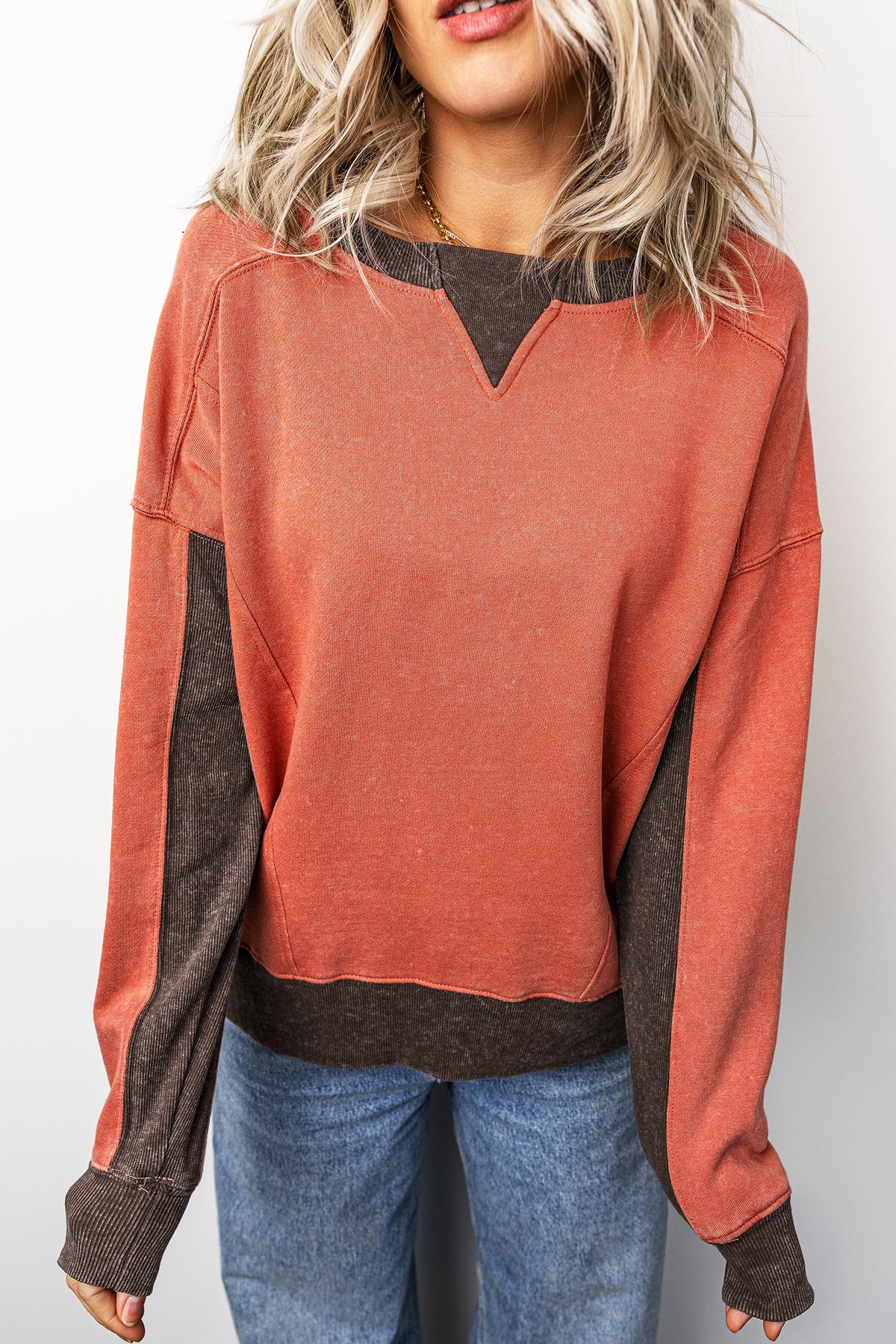 Patchwork Color Block Long Sleeve Vintage Regular Fit Sweatshirt