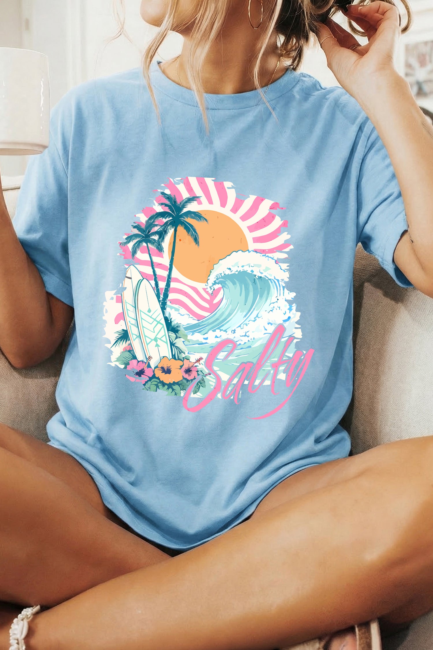 Light Blue Salty Beach Resort Vacation Surf Graphic Tee