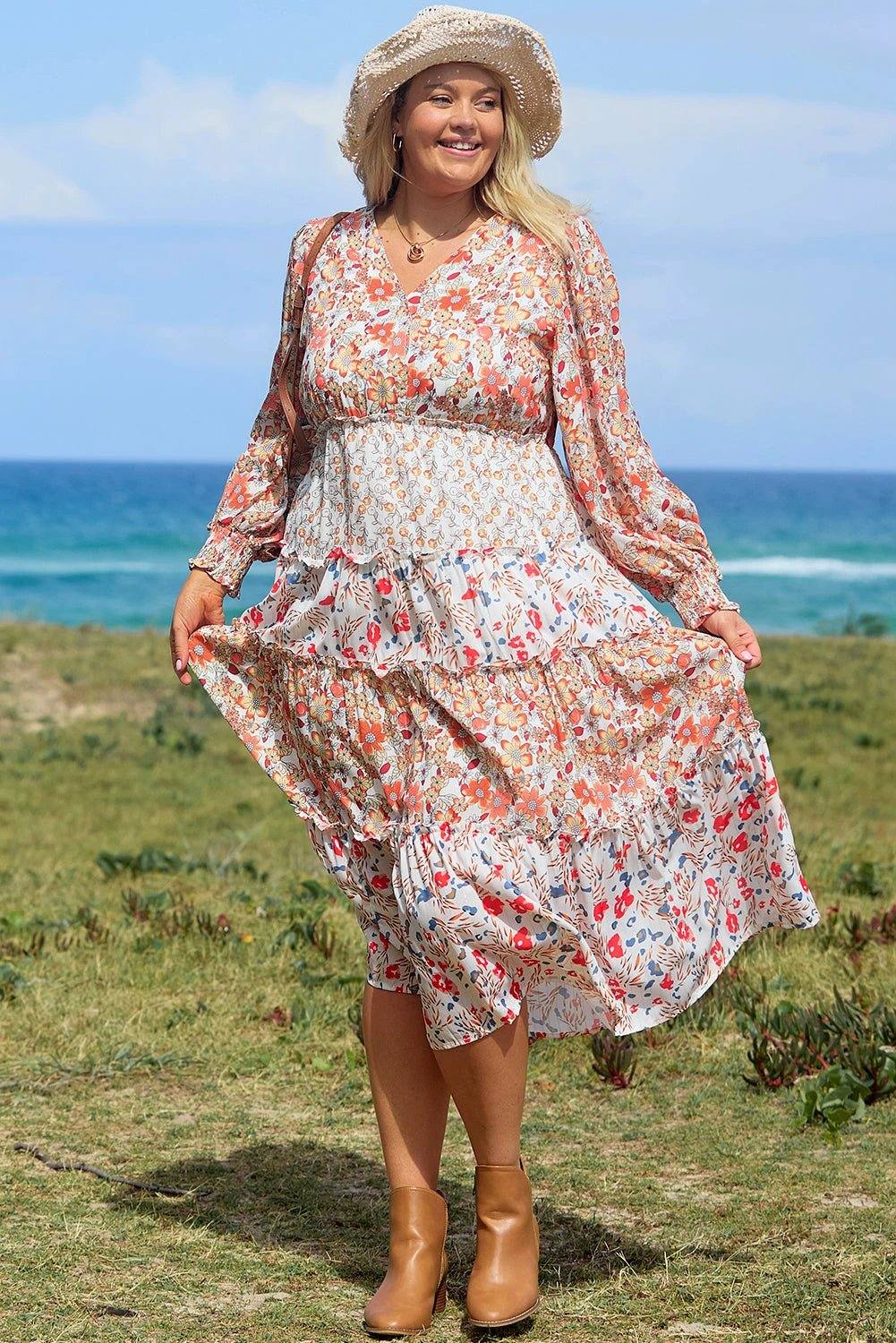 Plus size boho floral tiered ruffle maxi dress with long sleeves and flattering silhouette showcasing main character energy style