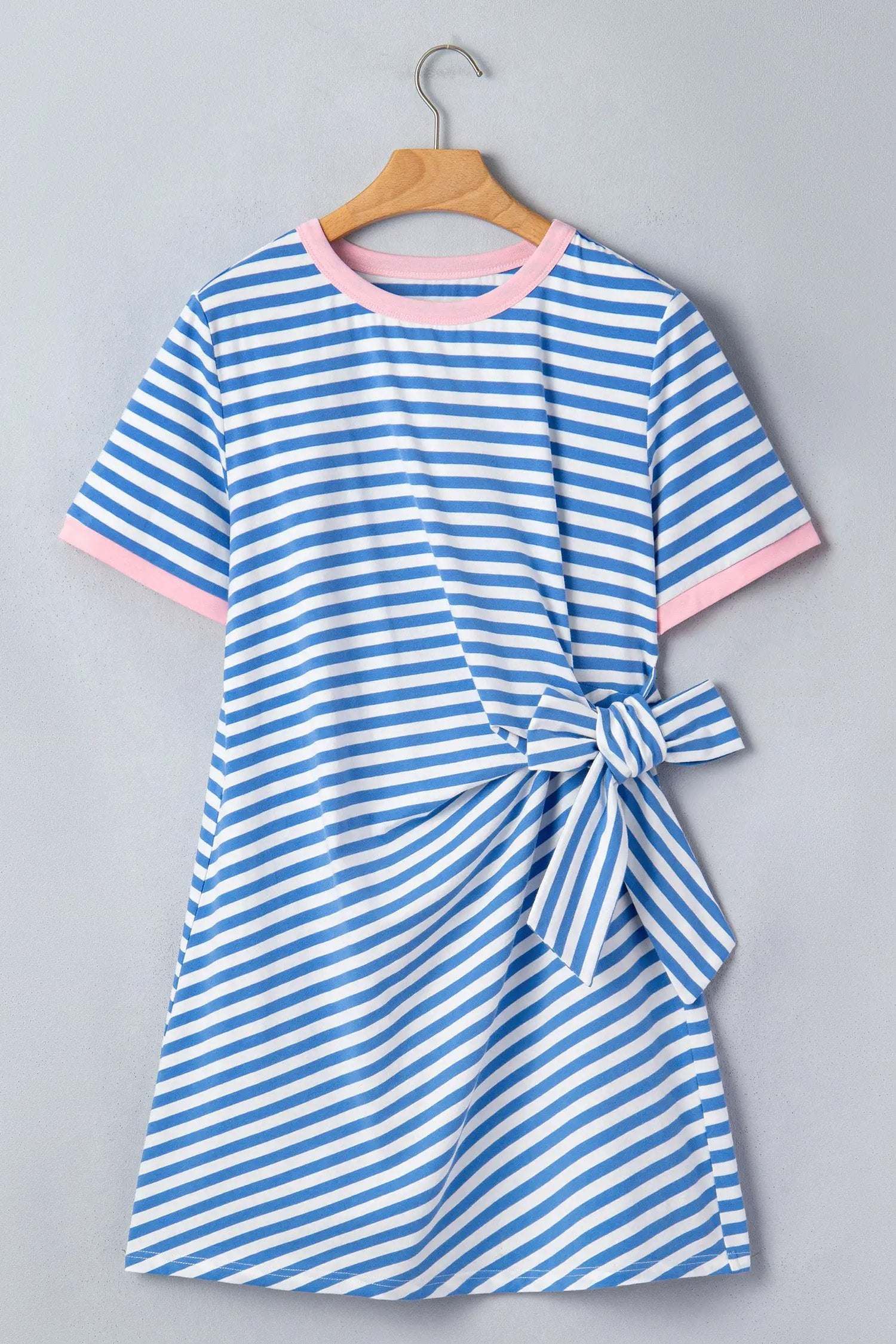 Dear-Lover Dropshipping Sky Blue Stripe Nautical Tie Contrast Trim Round Neck T Shirt Mini Dress - Dresses/T Shirt Dresses