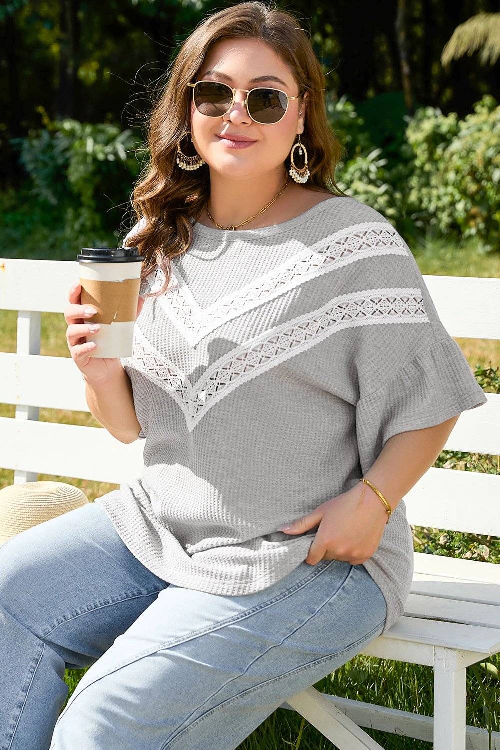 Plus size gray waffle knit top with lace chevron insert and short sleeves