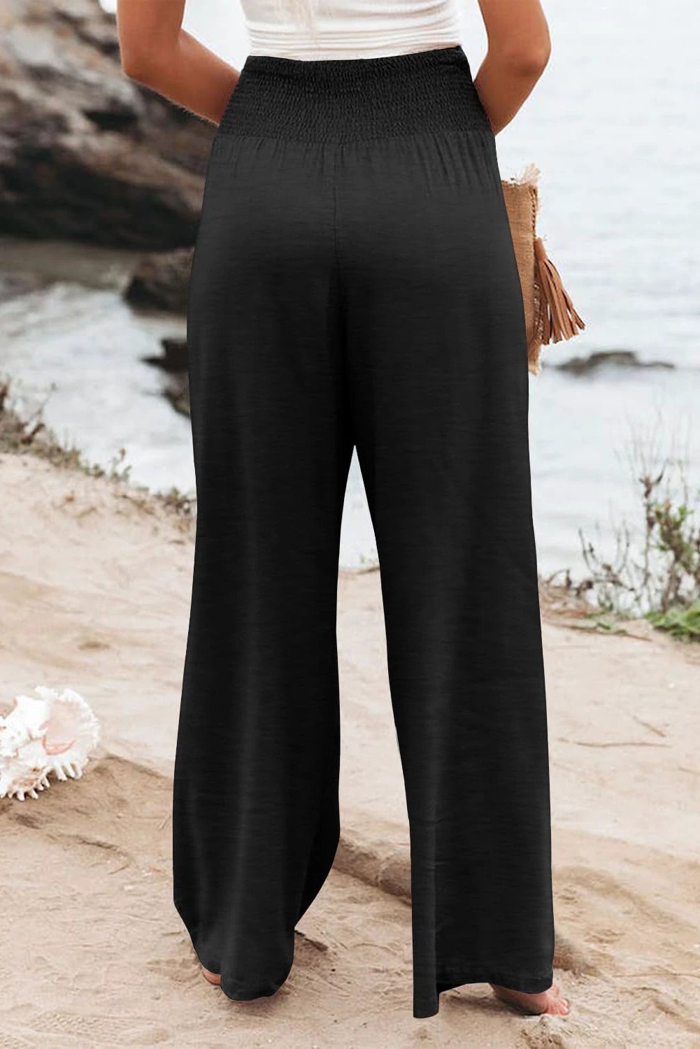 black shirred high waist plus size wide leg pants for women casual everyday outfit