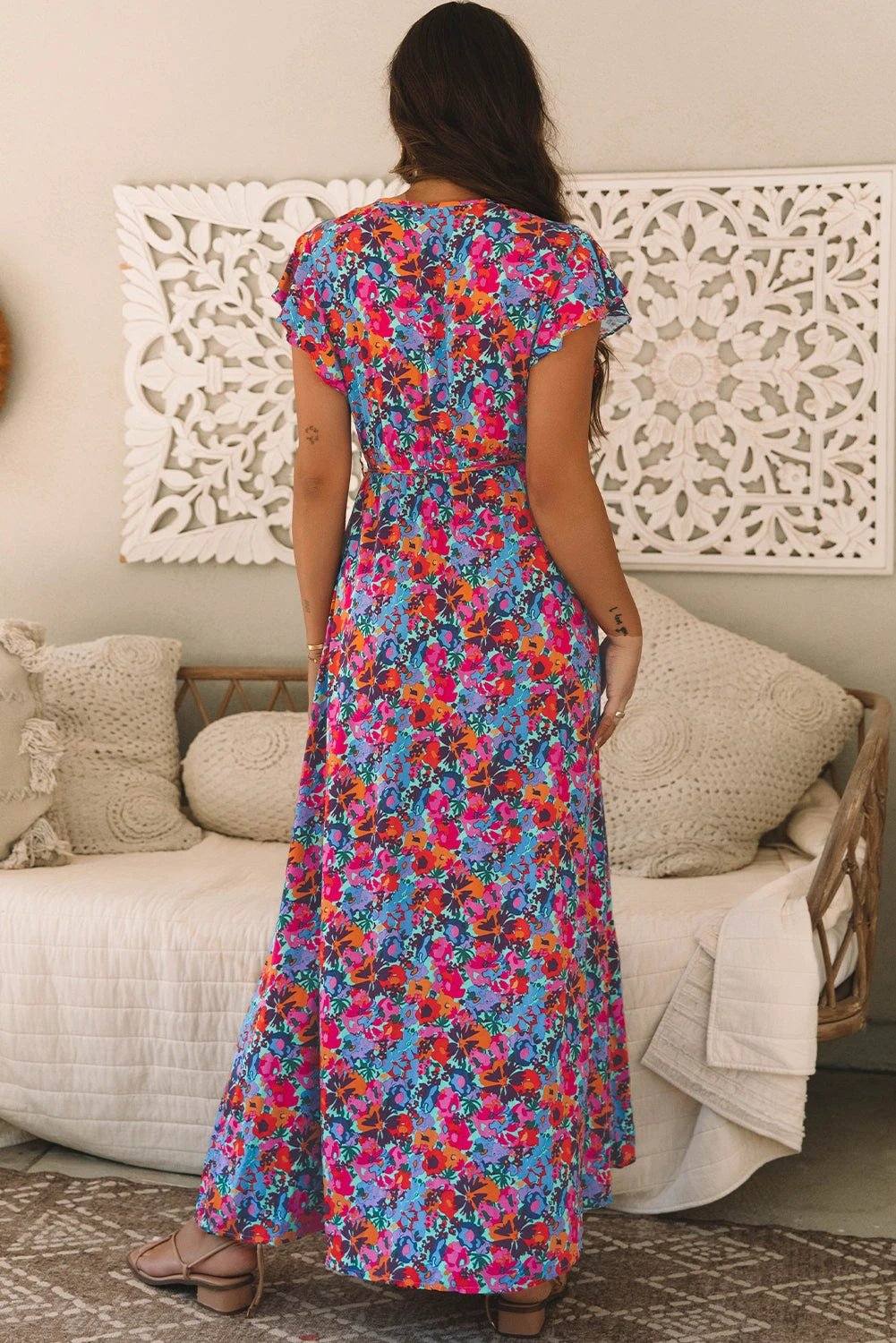 blue floral print v neck wrap split maxi dress for women casual everyday outfit
