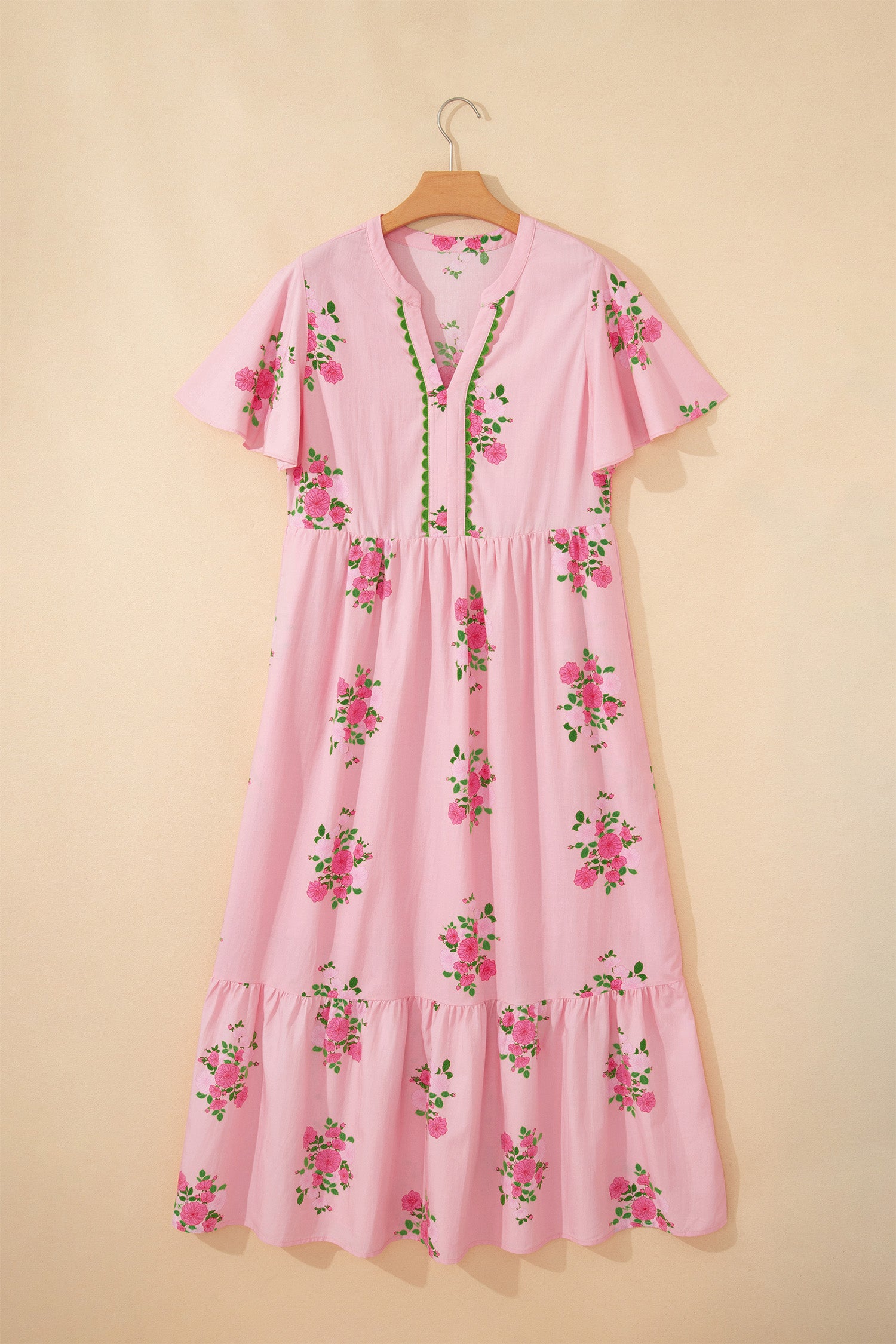 Main Character Energy | Floral Print Maxi Dress With Notched Neck Flutter Short Sleeve