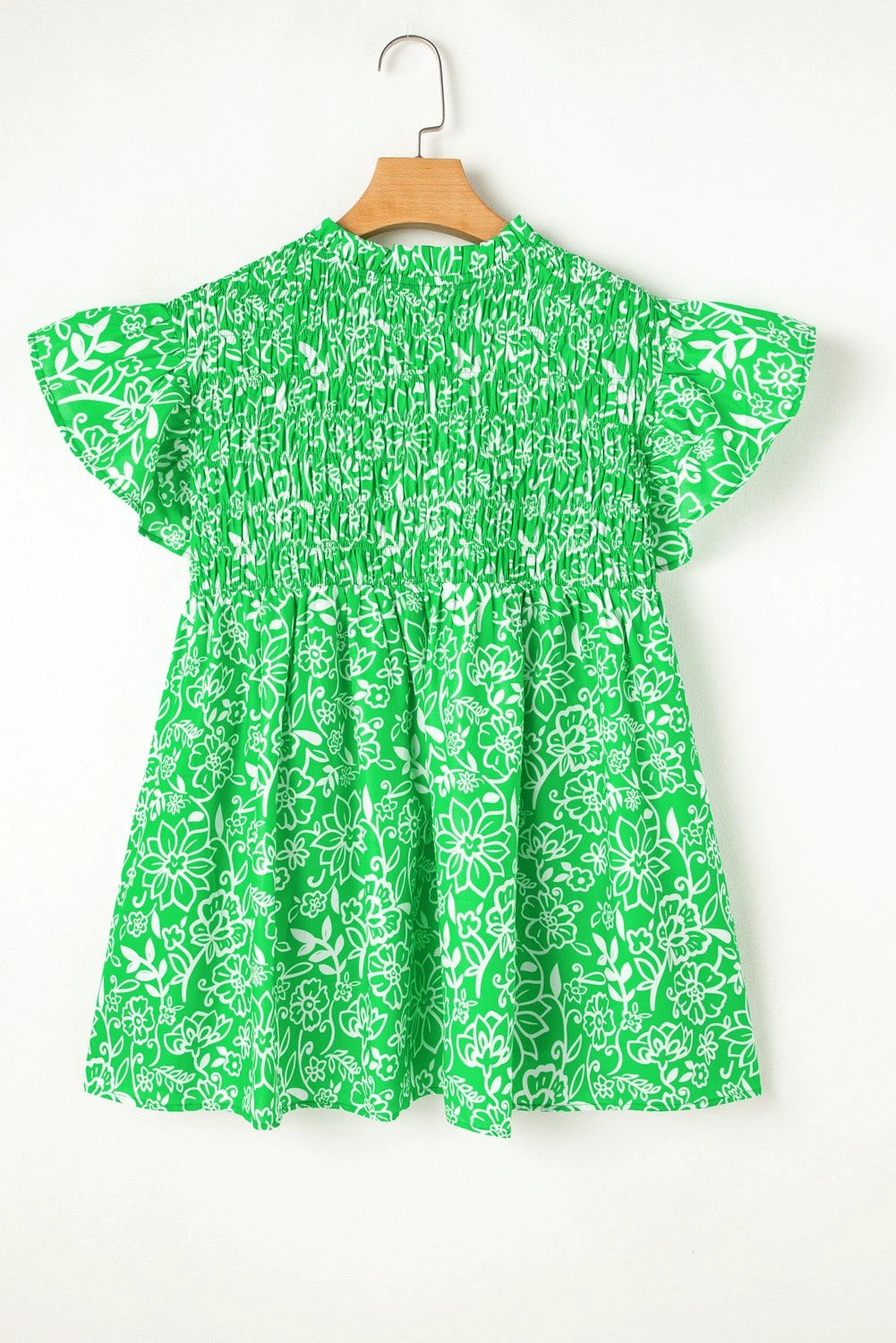 Dear-Lover Dropshipping Green Floral Flutter Sleeve Shirred Notched Neck Plus Size Blouse - Plus Size/Plus Size Tops/Plus Size Blouses & Shirts