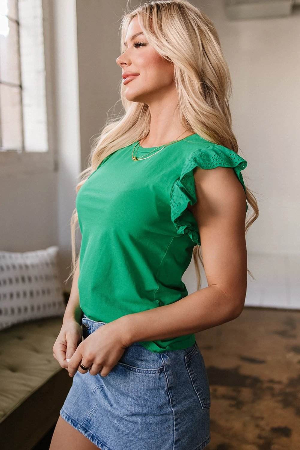 dark green embroidered ruffled sleeve slim fit crew neck top for women casual everyday outfit