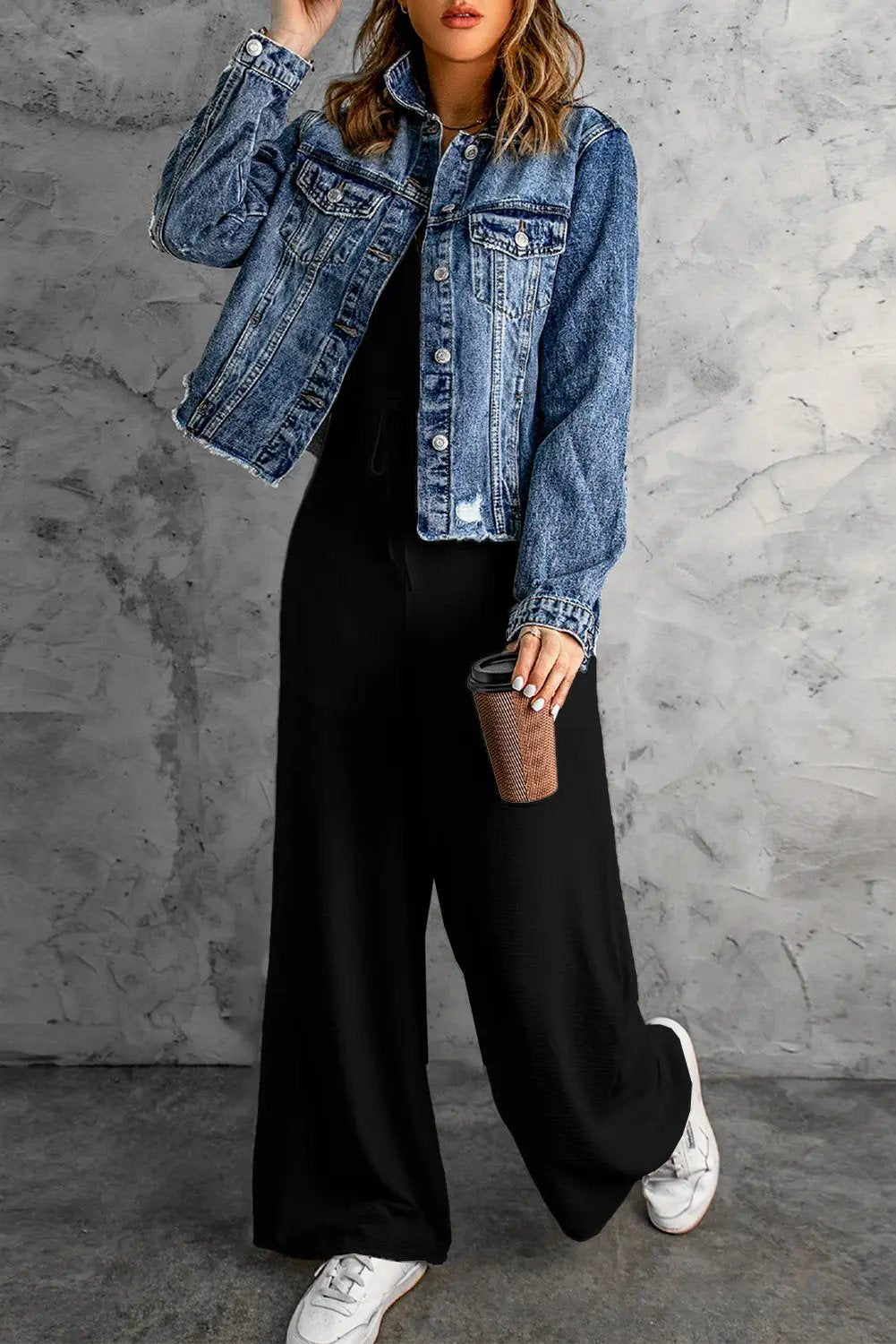 Dear-Lover Dropshipping Black Solid Spaghetti Strap Wide Leg Drawstring High Waist Jumpsuit - Bottoms/Jumpsuits & Rompers