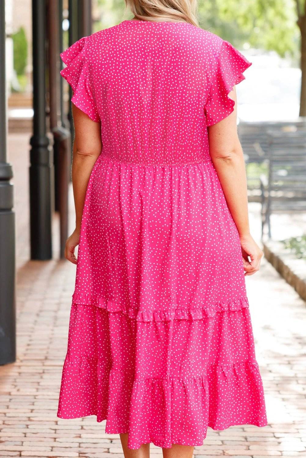 rose polka dot print ruffled smocked high waist plus midi dress for women casual everyday outfit