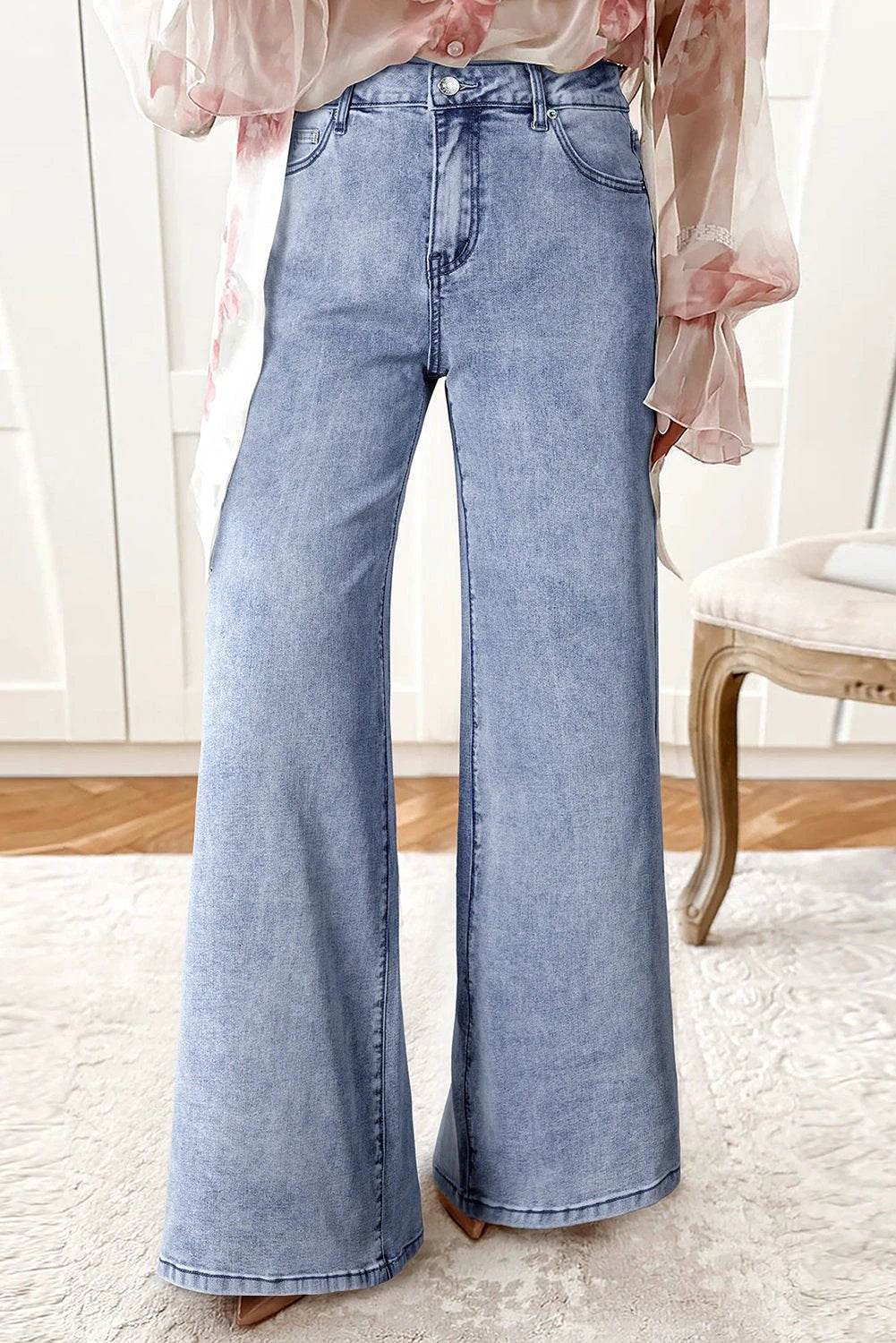 High-waist button-fly wide-leg denim jeans named Mom Chic in classic blue wash