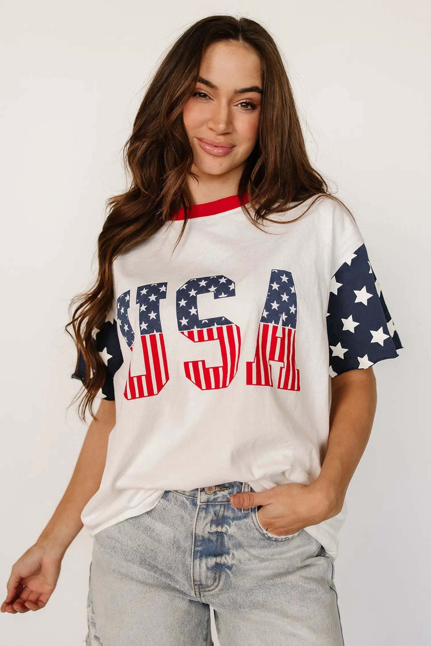 jet stream flag print usa graphic patchwork casual tee for women casual everyday outfit