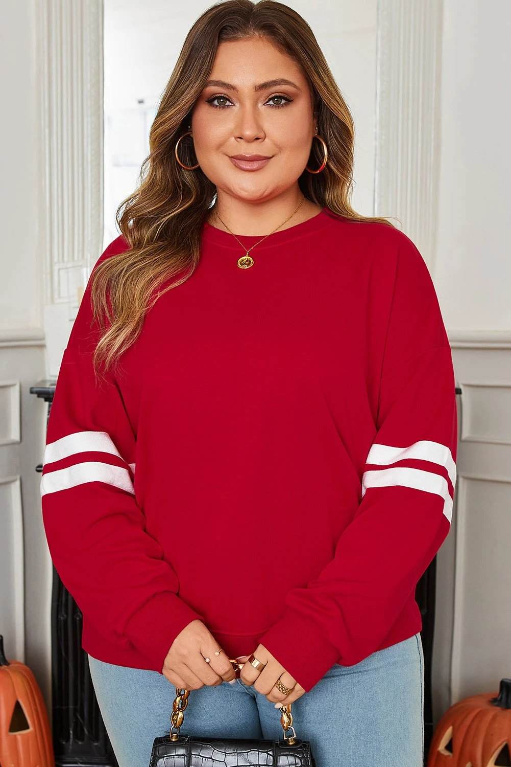 Plus size light grey varsity stripe crew neck sweatshirt for everyday confidence