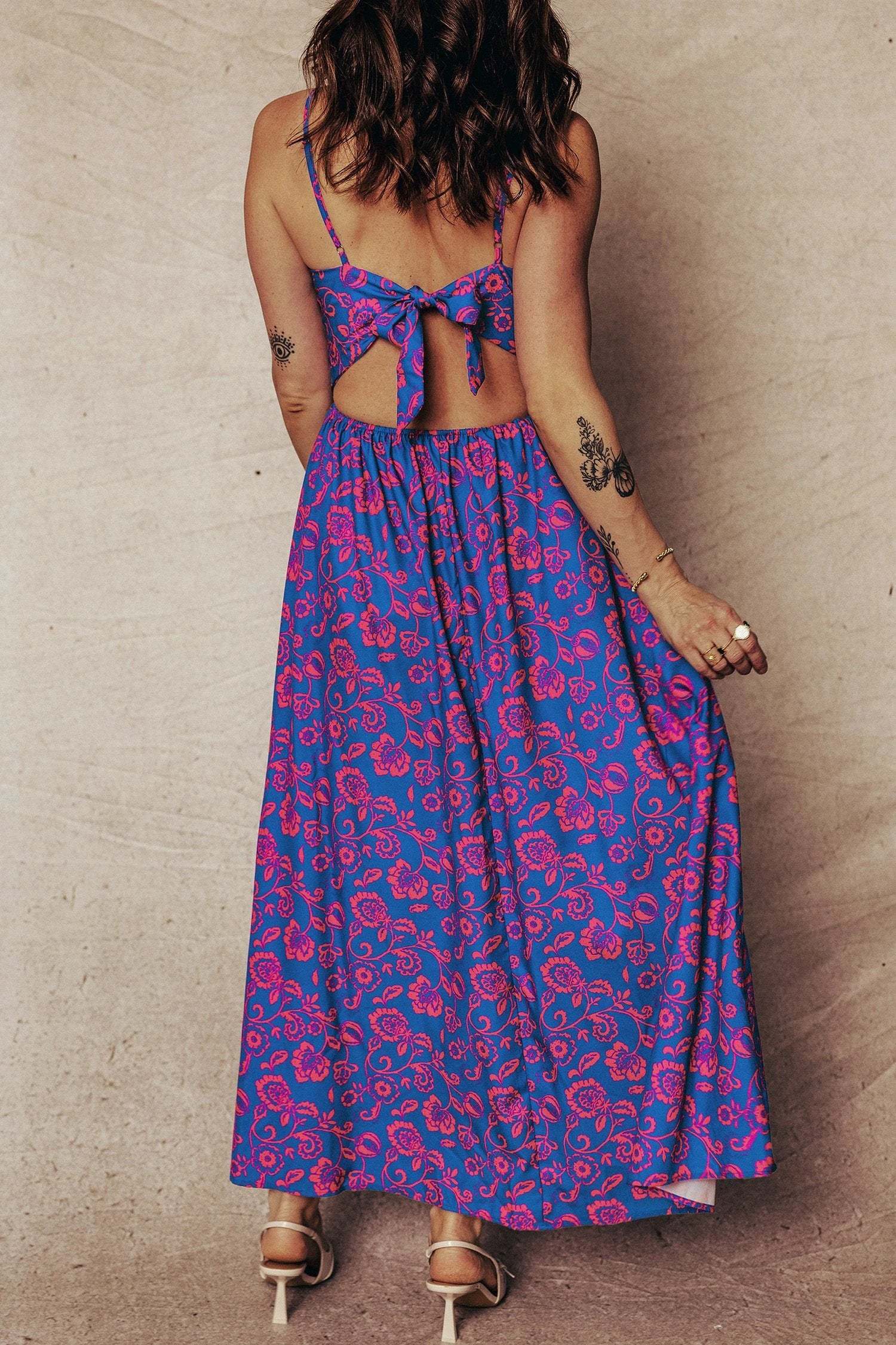 blue floral print twisted v neck tied backless maxi dress for women casual everyday outfit