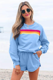 Color block stripes Vacation Vibe pullover and shorts two-piece outfit set in soft blue with rainbow stripe