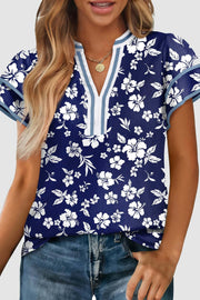 Boho floral split-neck blouse | Floral Print Neck Short Sleeve Blous