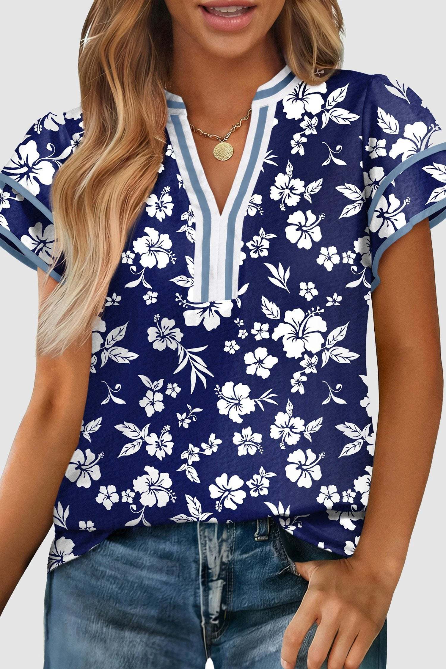 Boho floral split-neck blouse | Floral Print Neck Short Sleeve Blous