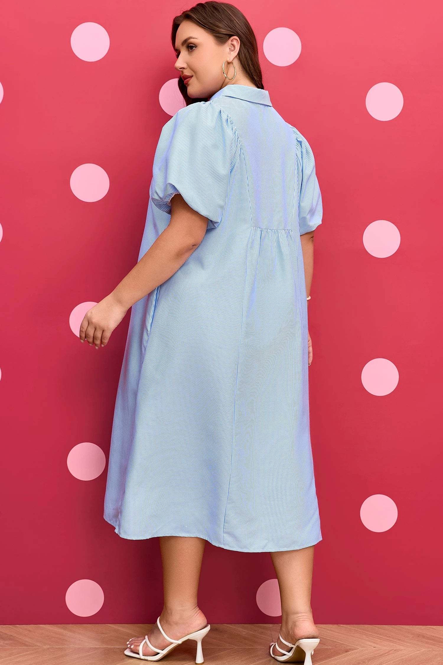 Dear-Lover Dropshipping Sky Blue Stripe Shirred Detail Collar V Neck Plus Size Midi Dress - Plus Size/Plus Size Dresses/Plus Size Midi Dresses