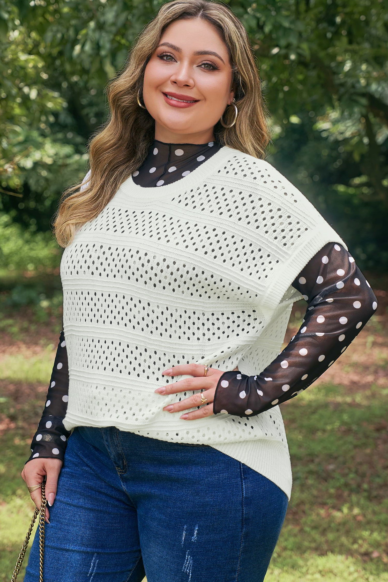 Plus Size Eyelet Hollow Out Knit Ribbed Trim Short Sleeve Dolman Sweater — women's everyday bottoms | J&H Apparel