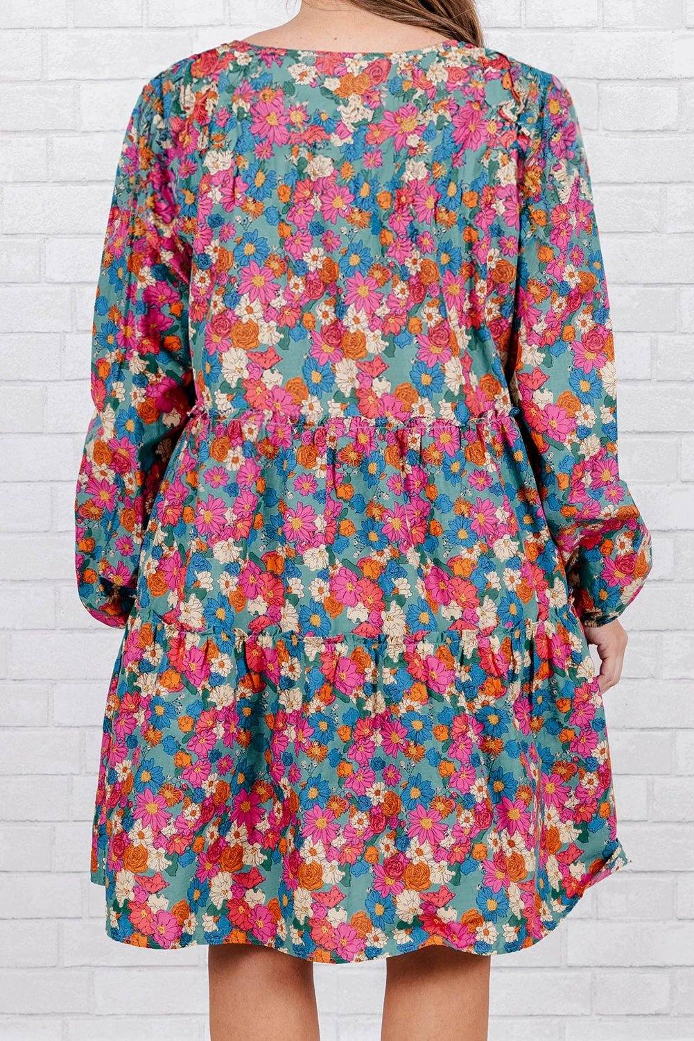 Plus size floral shirred ruffle tiered mini dress with lightweight fabric and flattering silhouette