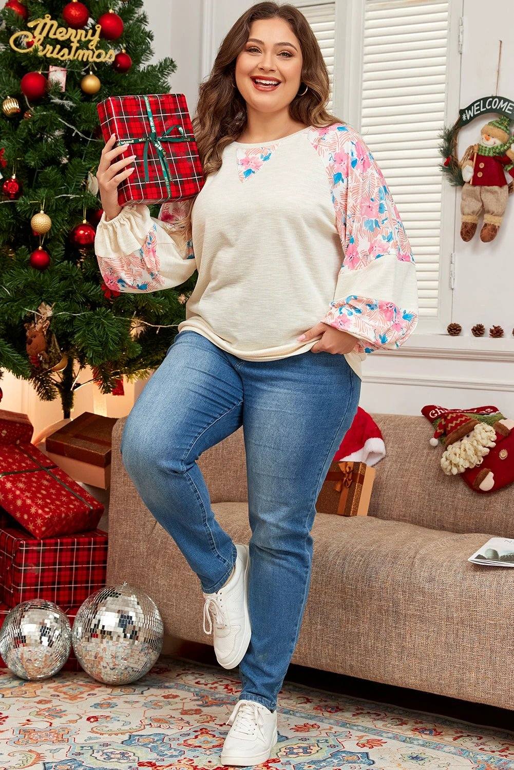 apricot plus size floral patchwork ribbed puff sleeve top for women casual everyday outfit