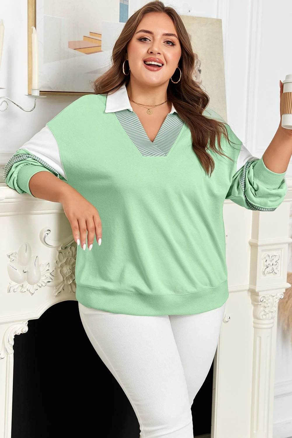 Plus size Cozy Confidence Moment color block patchwork collar V-neck sweatshirt in Moonlight Jade with striped sleeves