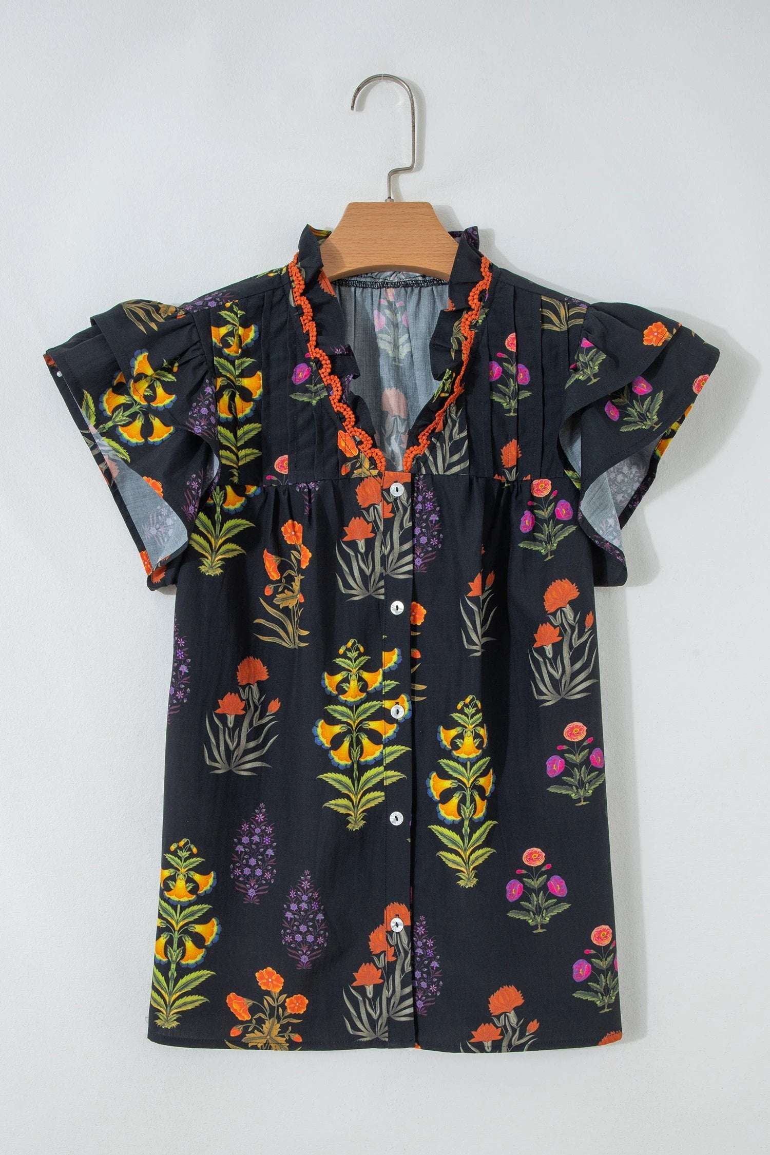 black floral print lace trim frilled v neck short sleeve shirt for women casual everyday outfit
