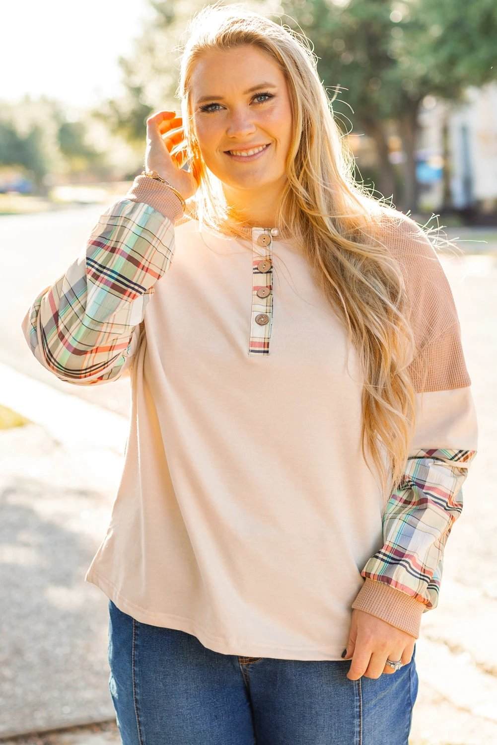Plus size Everyday Diva plaid color block layered Henley top with patchwork sleeves and relaxed fit