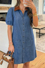 Blue denim puff sleeve mini dress with color block shirt collar and relaxed fit