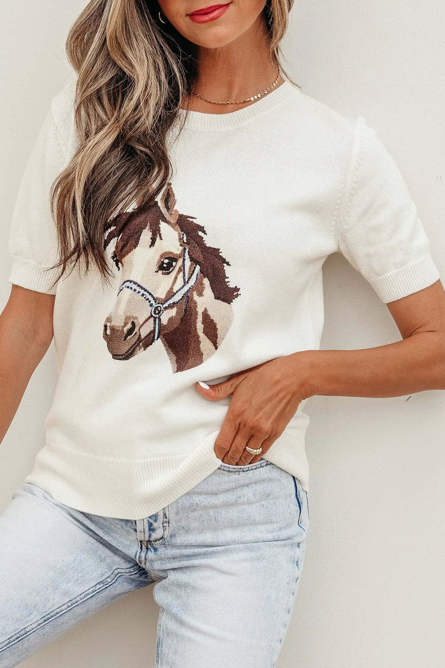 J&H Apparel White Wild West Horse Head Printed Short Sleeve Sweater - Sweaters Sweaters & Cardigans/Short Sleeve Sweaters