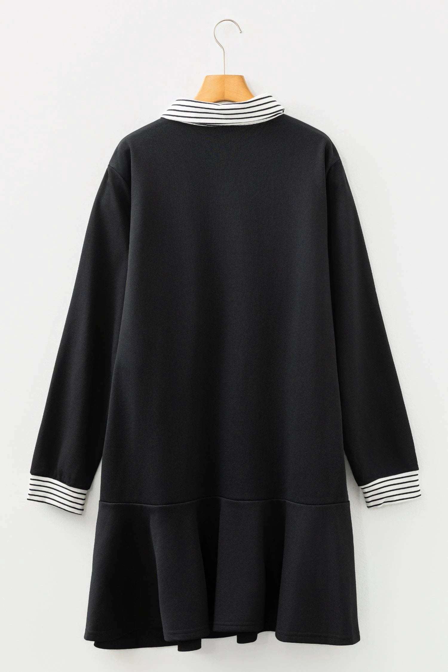Dear-Lover Dropshipping Black Plus Size Striped Cuffs Polo Collar Patchwork Long Sleeve Ruffle Hem Dress - Plus Size/Plus Size Dresses/Plus Size Mini Dresses
